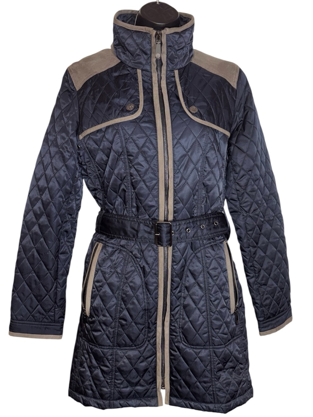 Vince Camuto Quilted Car Coat Navy Gray Suede Accents Belted Women’s Size Medium